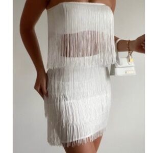 SIOFRA TWO PIECE SET - FRINGE CROP TOP AND MINI SKIRT SET IN WHITE